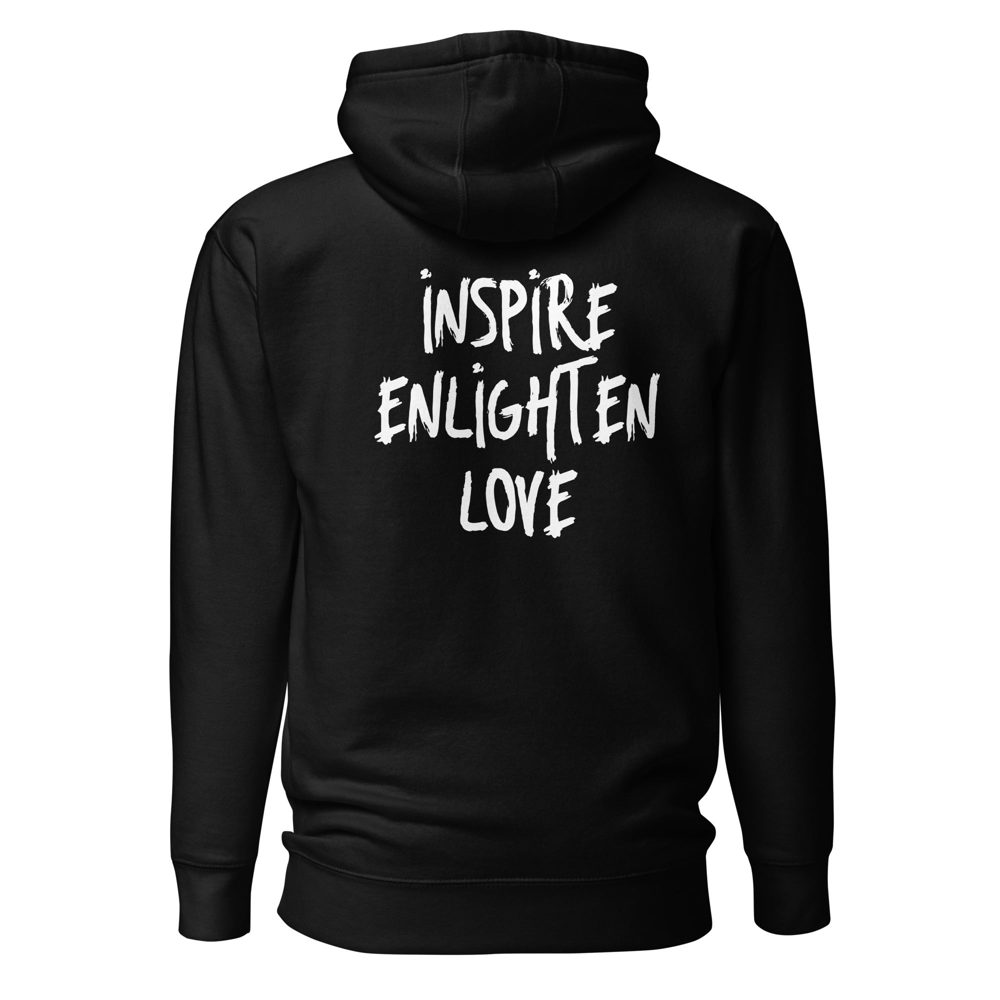 Black Hoodie with the Exclusive Energy Clothing main logo on the front chest and the inspirational words INSPIRE ENLIGHTEN LOVE on the back